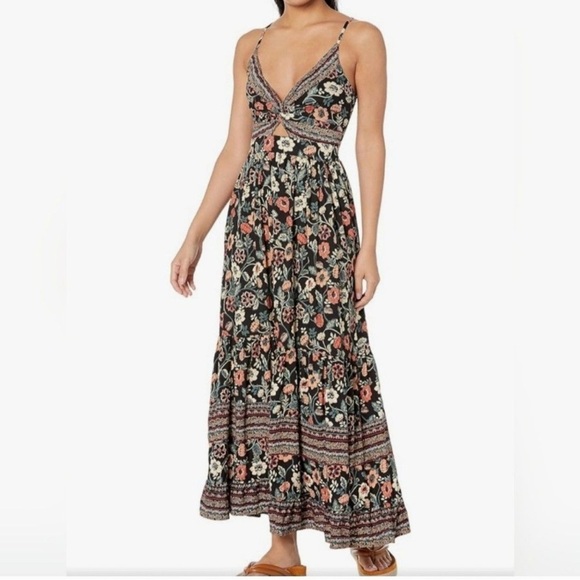 🦋NWT!  Angie Women's Peekaboo Floral Tiered Maxi Dress Deep V-Neck  Size Medium - Picture 1 of 2